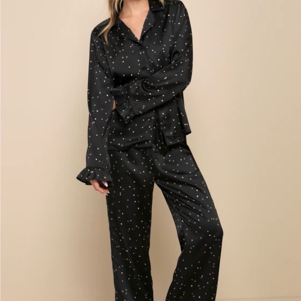 Lulus Smitten Slumber Black Heart Ruffled Pajama Set